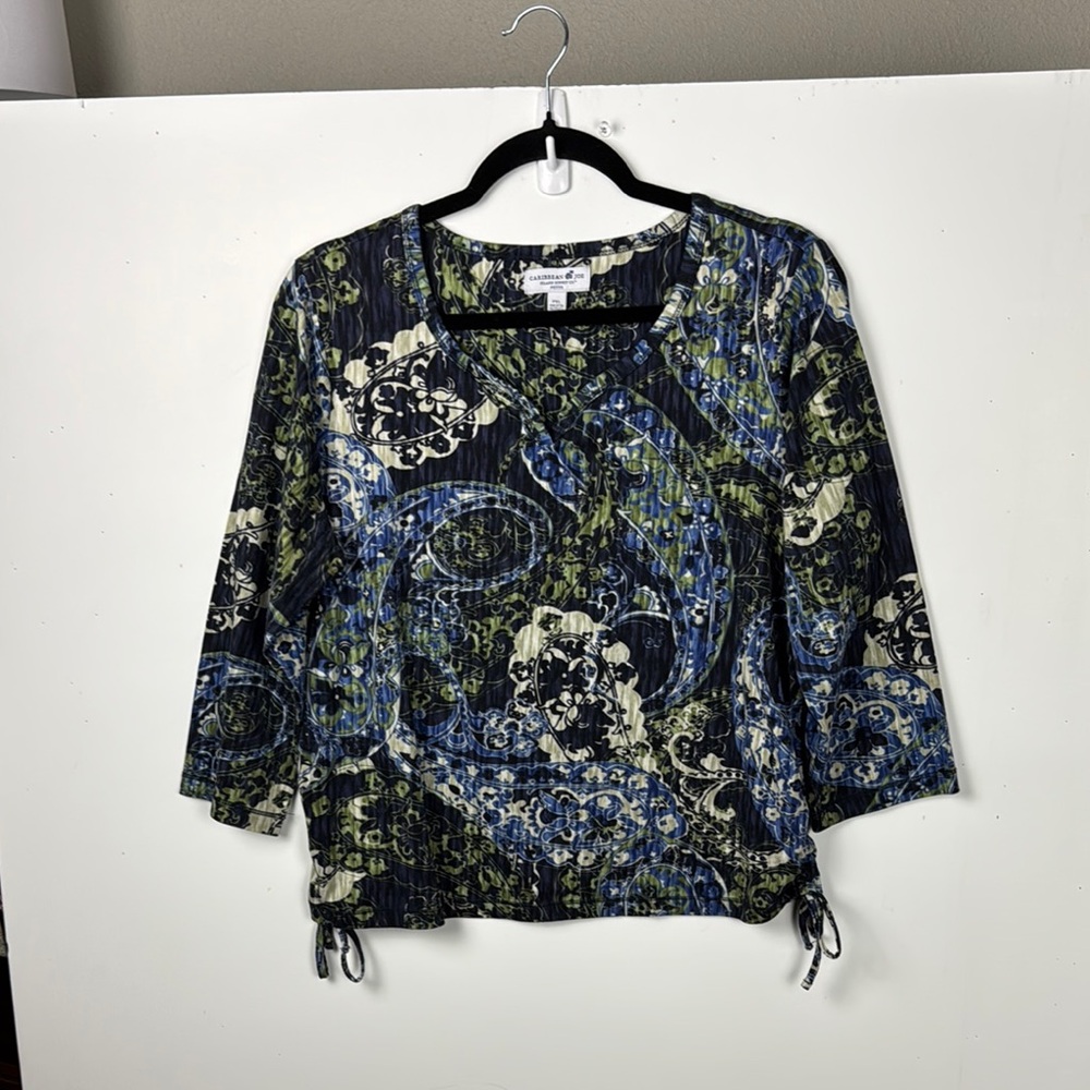 Caribbean Joe paisley blue green white draw string side SZ PXL long sleeves NWOT